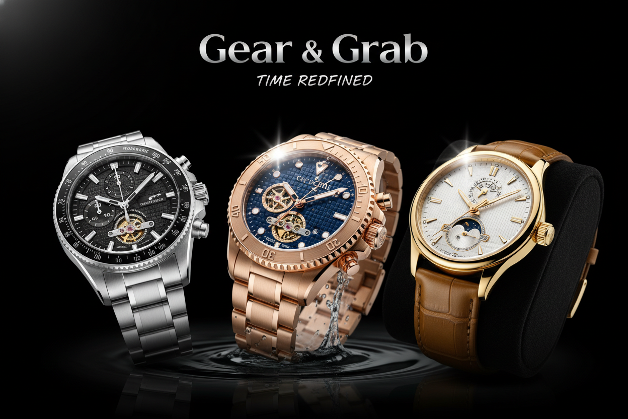 Generate an image banner for my shopify store my product is watches and my brand name is Gear & Grab make it unique and attractive background must be black and watches must be more in the banner image 